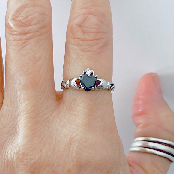 Sterling Silver Claddagh Black CZ Ring, Silver Rings, Irish Ring, Heart Ring - Picture 8 of 16